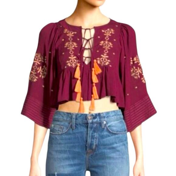 Haute Rouge Flutter Sleeve Lace Up Cropped Peasant Blouse NWT Size Medium - Picture 10 of 11